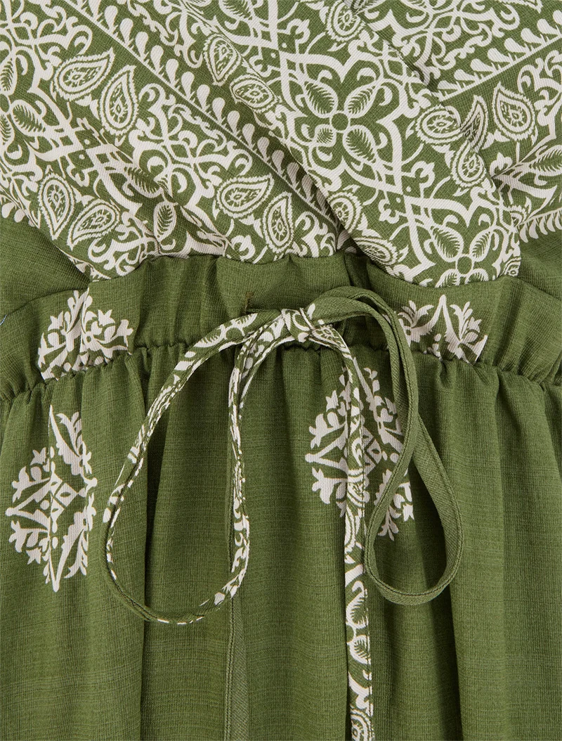 Robe longue bohème imprimé arabesque - Kaki
