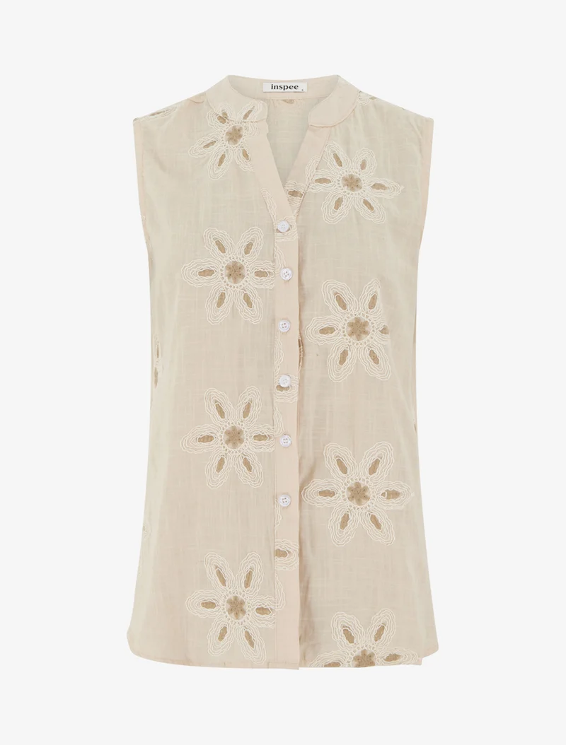 Blouse sans manches à broderies fleuries - Beige