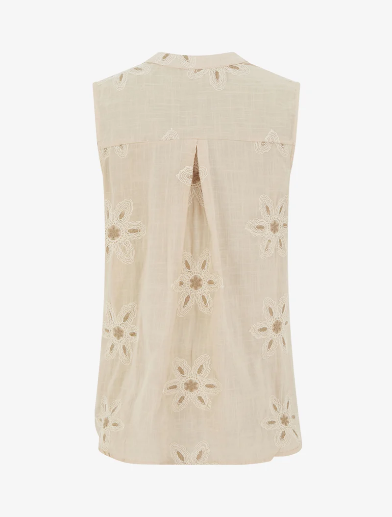 Blouse sans manches à broderies fleuries - Beige