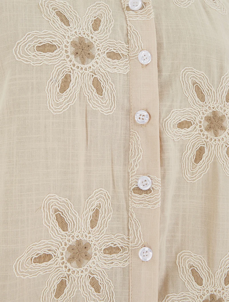 Blouse sans manches à broderies fleuries - Beige