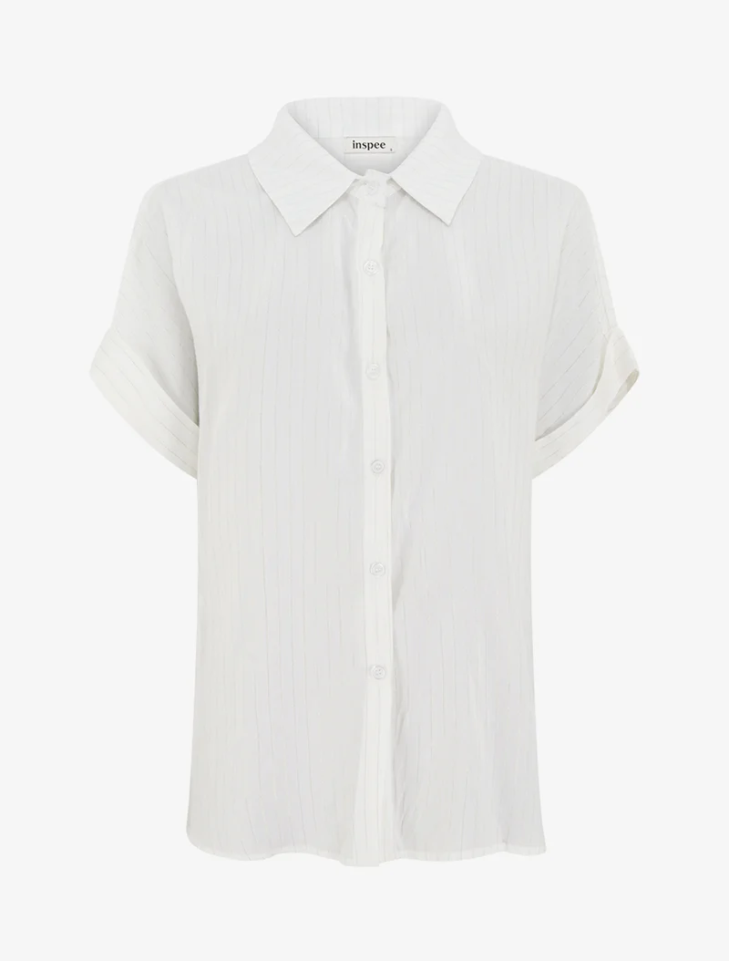 Chemise ample manches courtes à fine rayures dorées - Blanc