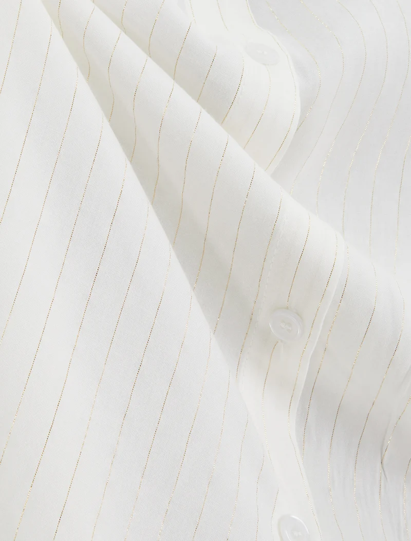 Chemise ample manches courtes à fine rayures dorées - Blanc