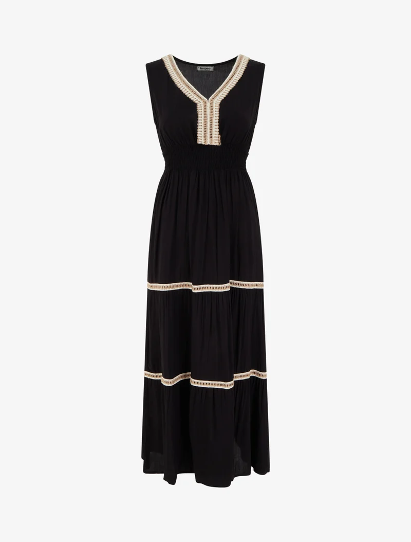 Robe évasée sans manches à col macramé - Noir