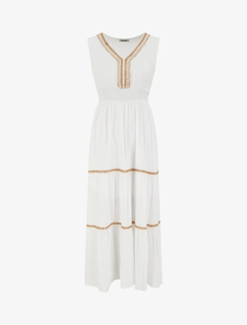 Robe évasée sans manches à col macramé - Blanc