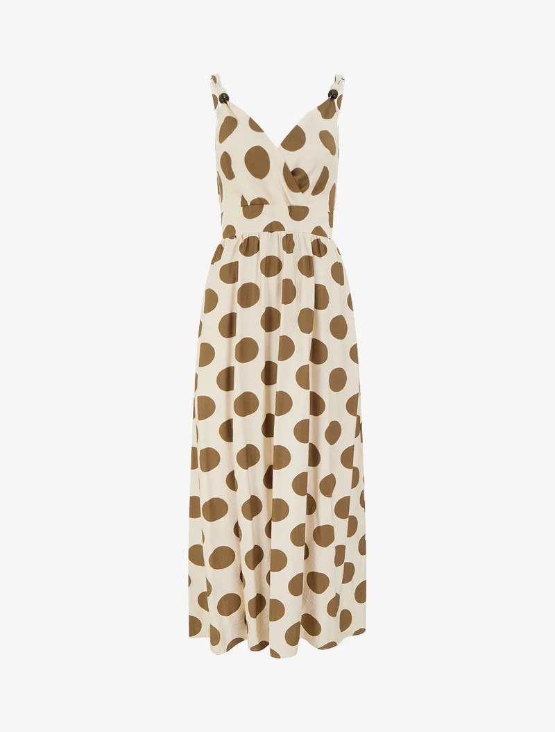 Robe longue à bretelles perlées et imprimé pois - Marron
