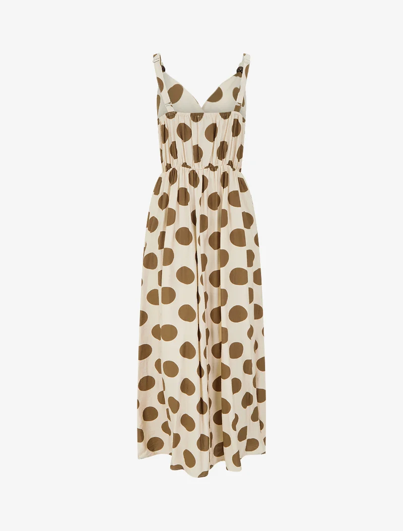 Robe longue à bretelles perlées et imprimé pois - Marron