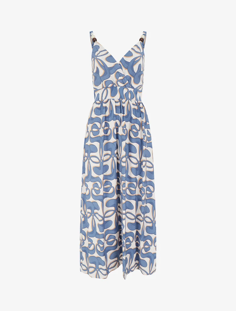Robe longue à bretelles perlées et imprimé graphique - Bleu