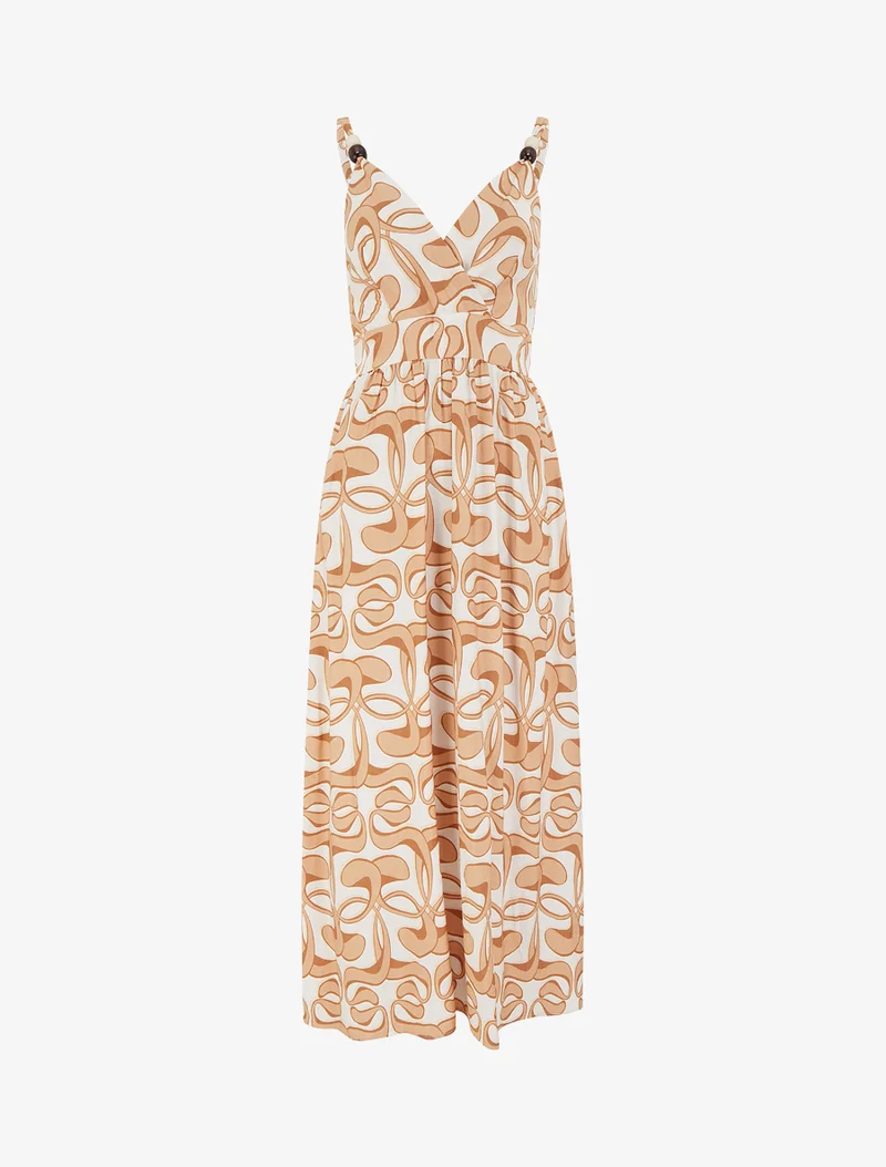 Robe longue à bretelles perlées et imprimé graphique - Camel