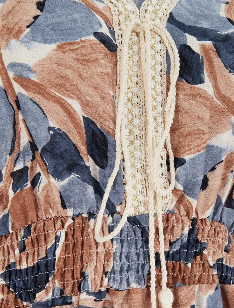 Robe à imprimé stylisé et col en crochet - Marine