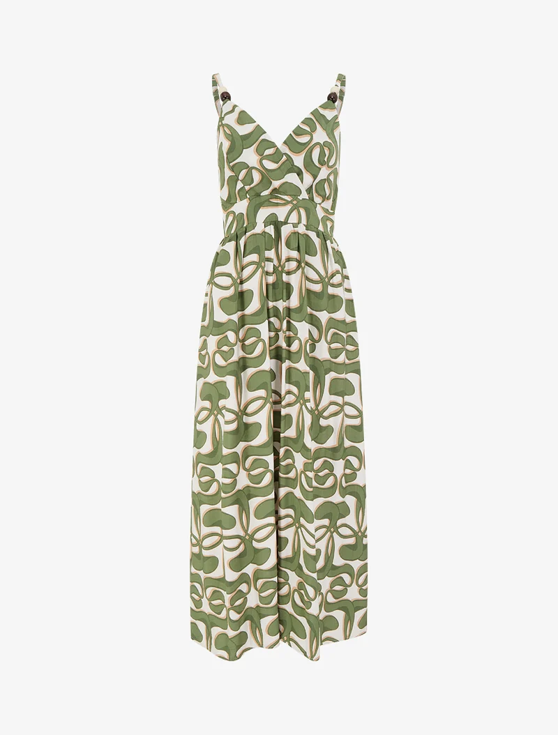 Robe longue à bretelles perlées et imprimé graphique - Kaki