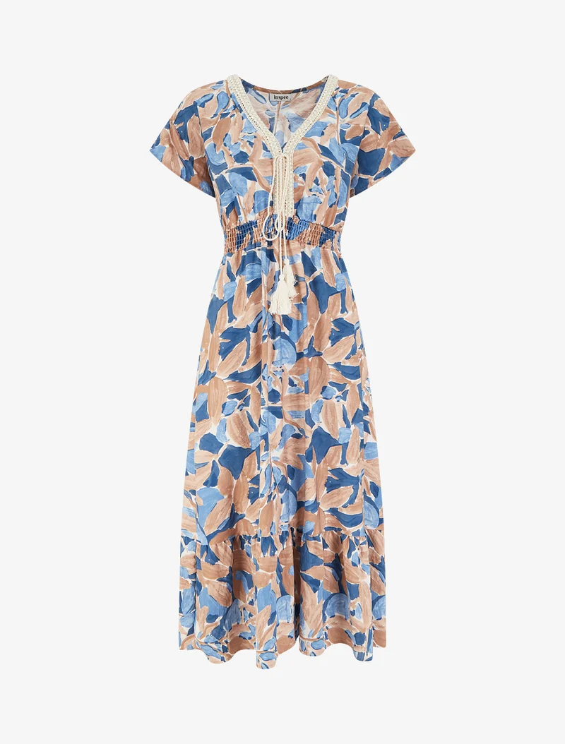 Robe à imprimé stylisé et col en crochet - Bleu