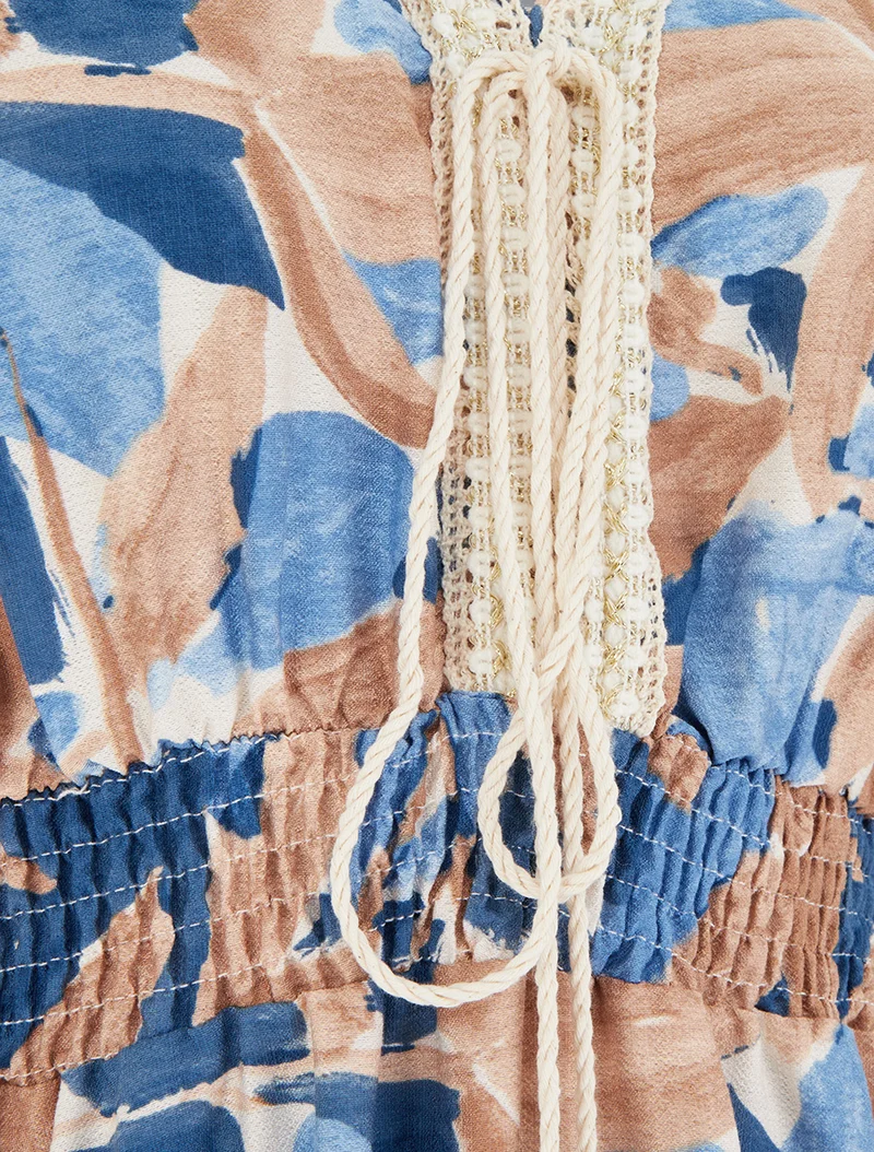 Robe à imprimé stylisé et col en crochet - Bleu