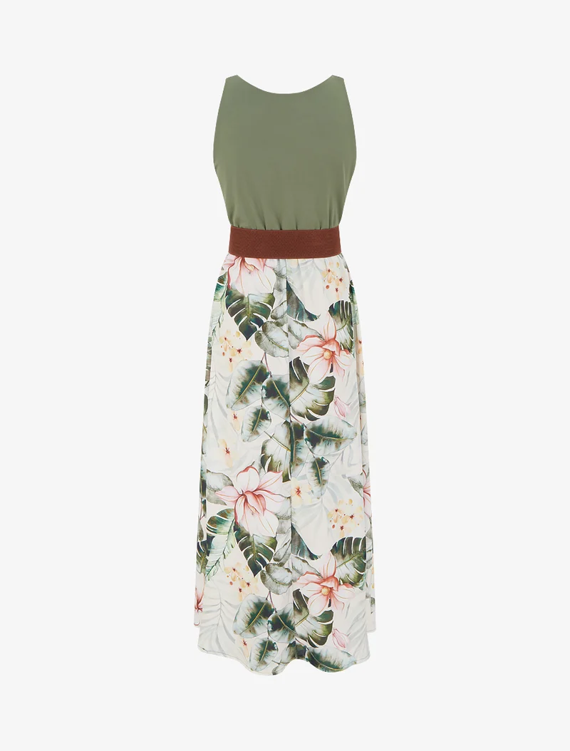 Robe imprimé feuillage à bretelles en simili - Kaki