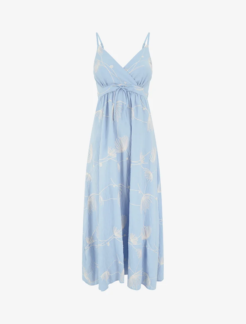Robe longue empire à broderies végétales - Bleu ciel