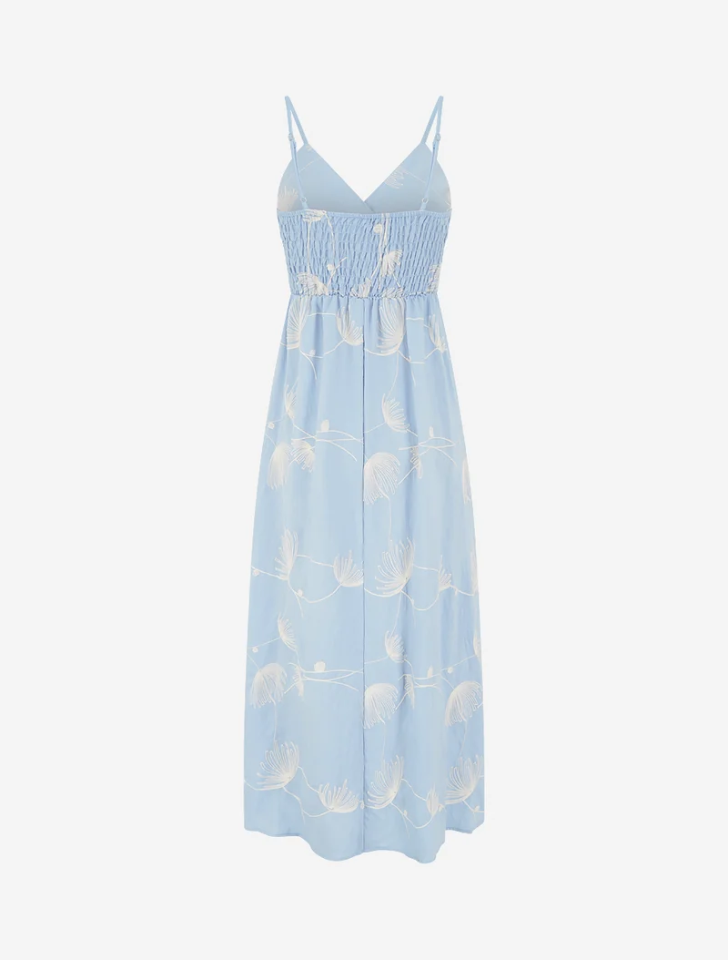 Robe longue empire à broderies végétales - Bleu ciel