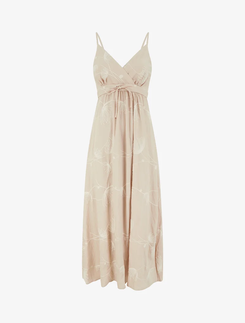 Robe longue empire à broderies végétales - Beige