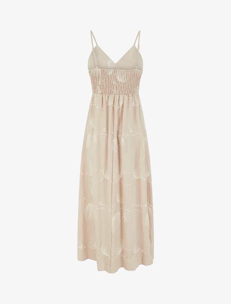 Robe longue empire à broderies végétales - Beige