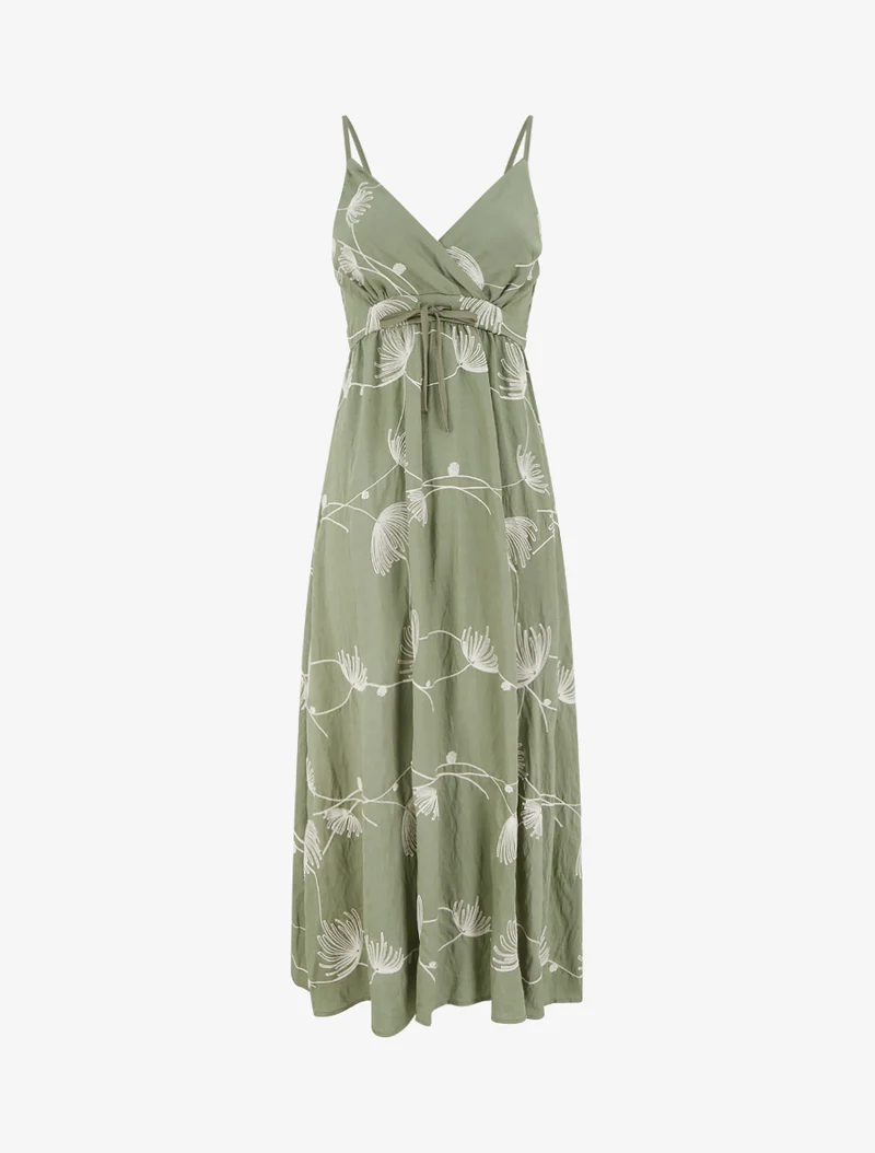 Robe longue empire à broderies végétales - Kaki