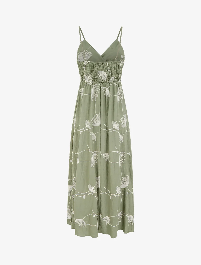 Robe longue empire à broderies végétales - Kaki