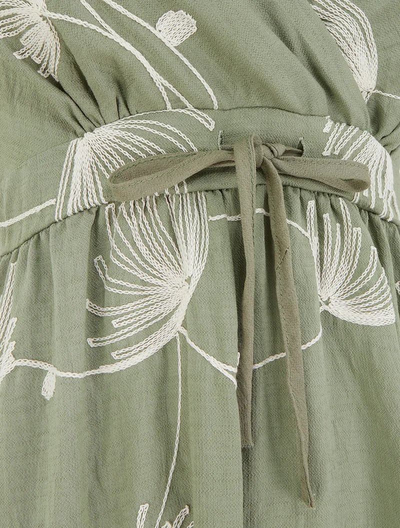 Robe longue empire à broderies végétales - Kaki