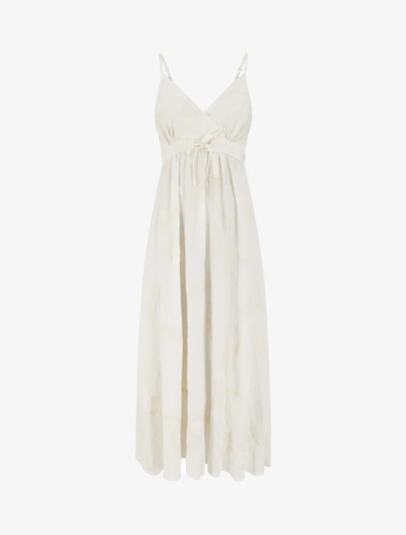 Robe longue empire à broderies feuilles stylisées - Blanc