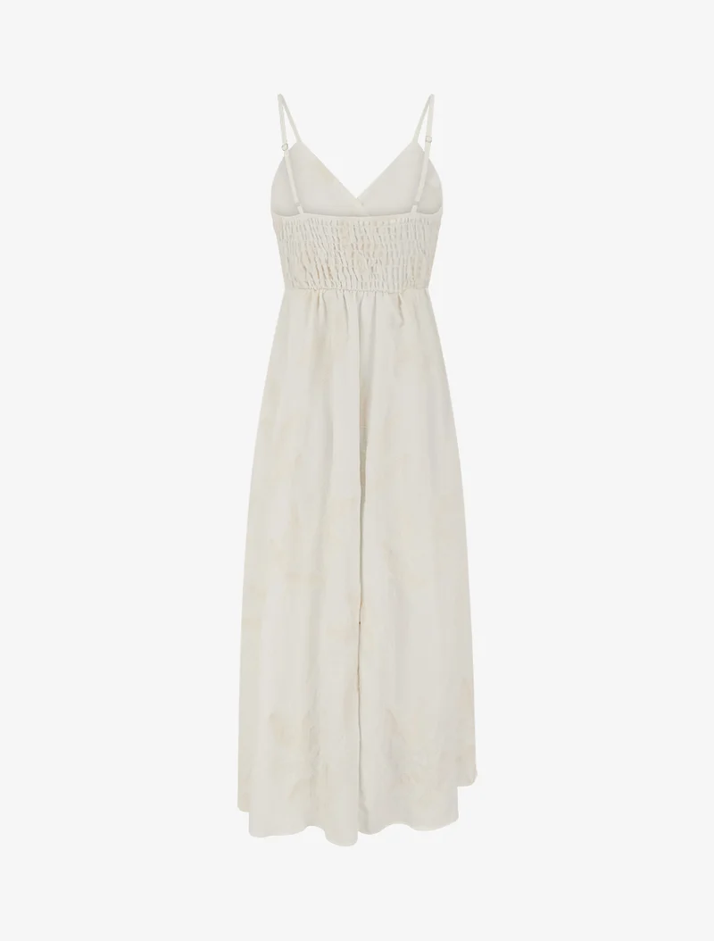 Robe longue empire à broderies feuilles stylisées - Blanc