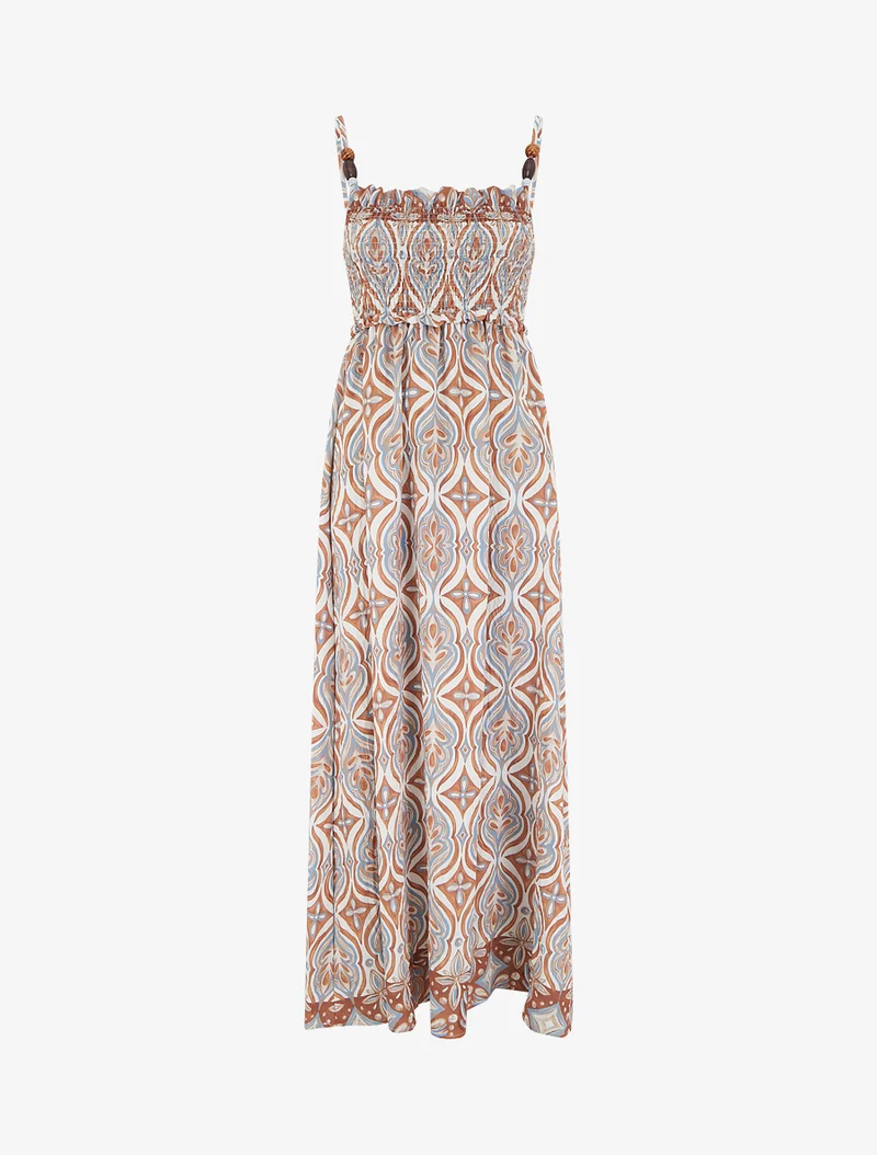 Robe longue à bretelles perlées et imprimé fantaisie - Beige