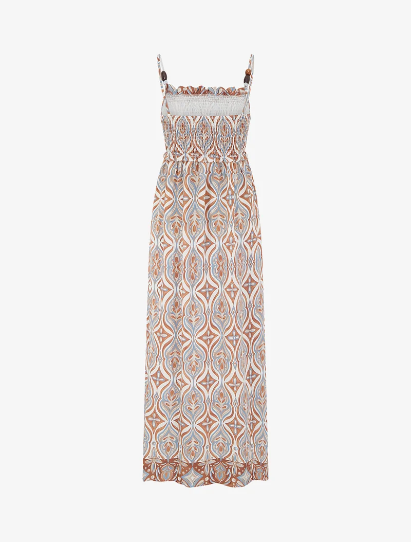 Robe longue à bretelles perlées et imprimé fantaisie - Beige