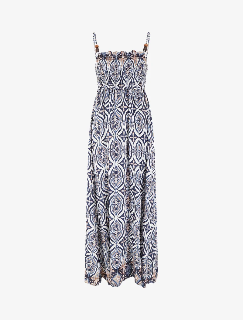 Robe longue à bretelles perlées et imprimé fantaisie - Marine