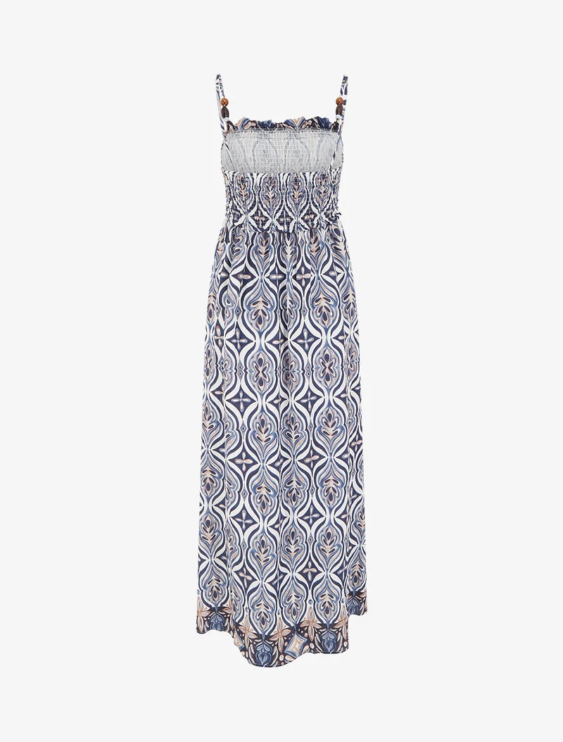 Robe longue à bretelles perlées et imprimé fantaisie - Marine