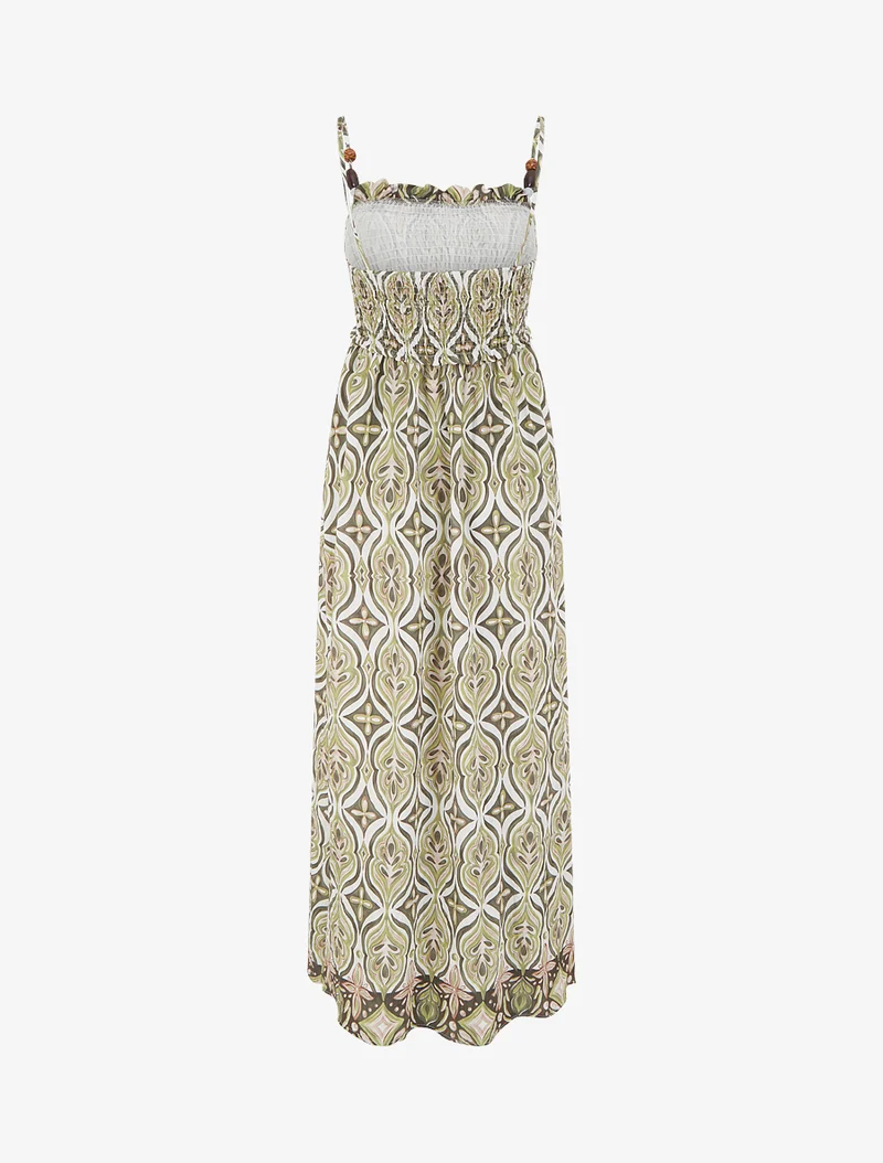 Robe longue à bretelles perlées et imprimé fantaisie - Kaki