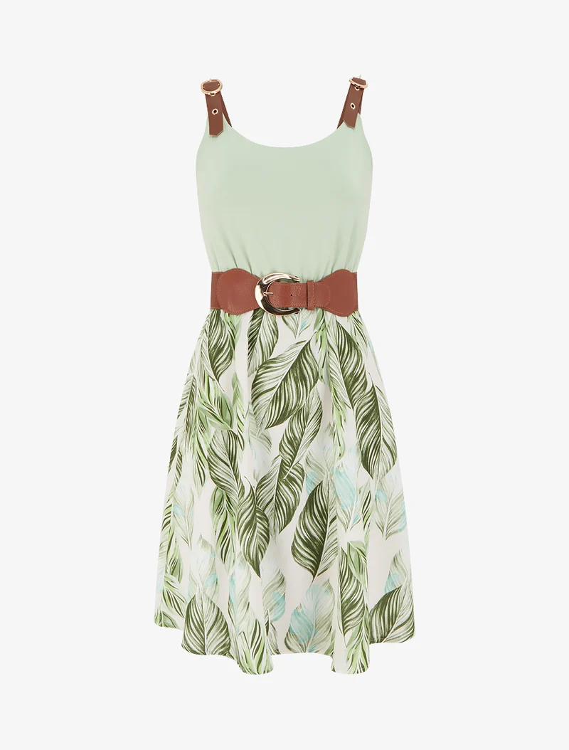 Robe mi-longue imprimée à bretelles en simili - Vert d'eau