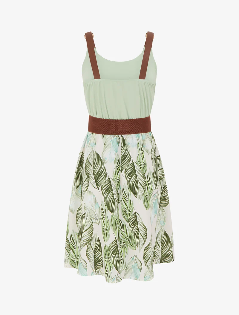 Robe mi-longue imprimée à bretelles en simili - Vert d'eau