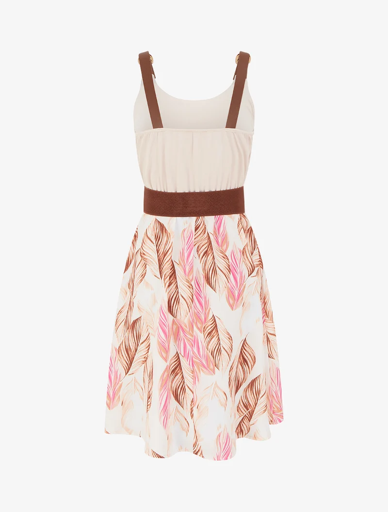 Robe mi-longue imprimée à bretelles en simili - Beige