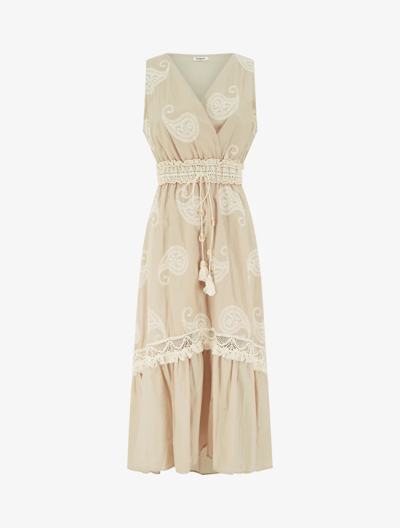 Robe longue à broderie motif cachemire - Beige