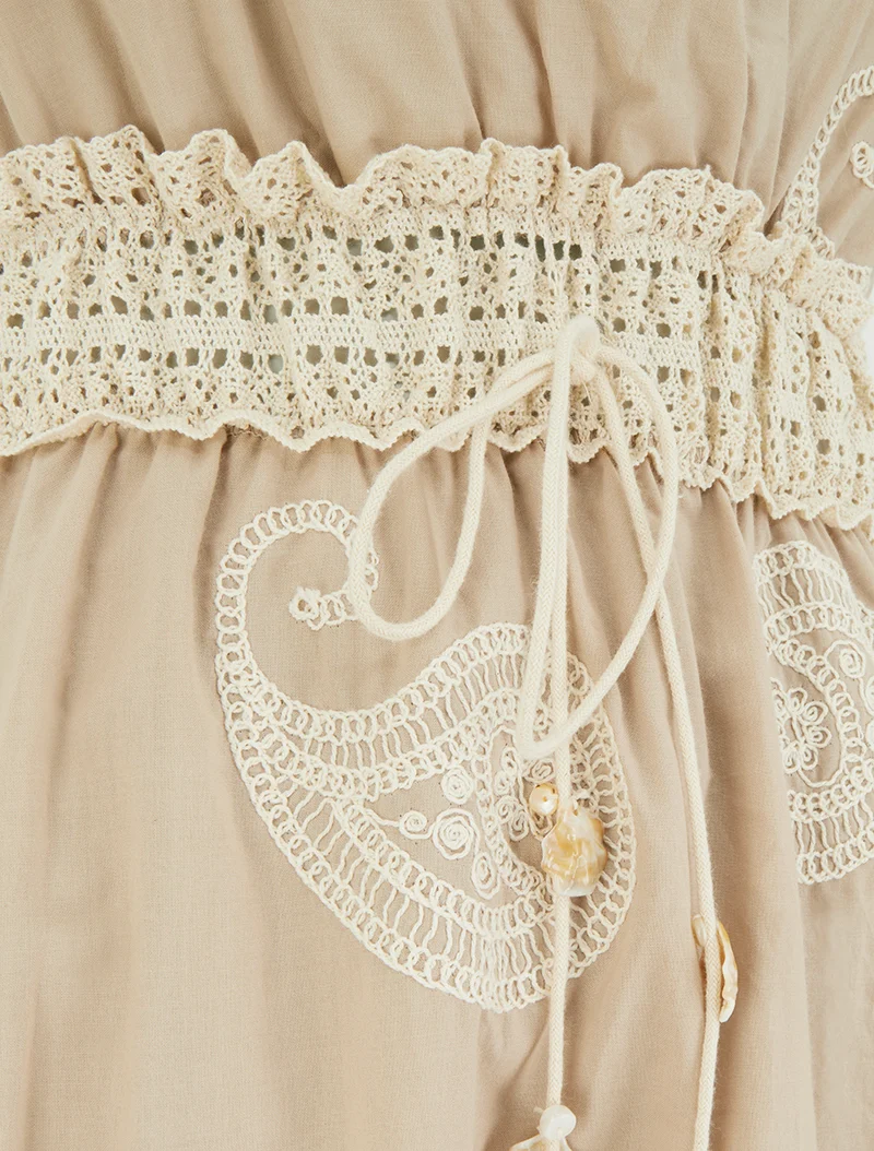Robe longue à broderie motif cachemire - Beige