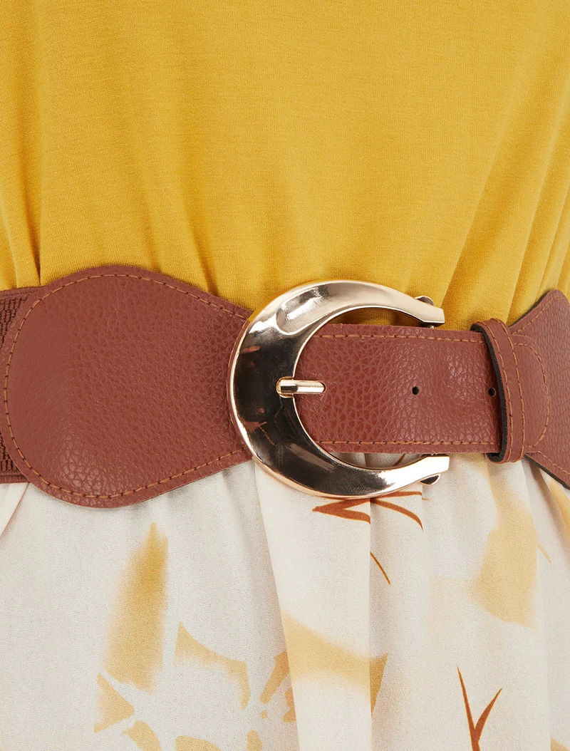 Robe mi-longue à bretelles en simili - Jaune