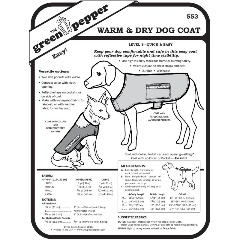 Patron de couture PDF | Manteau Warm & Dry pour chien | The Green Pepper