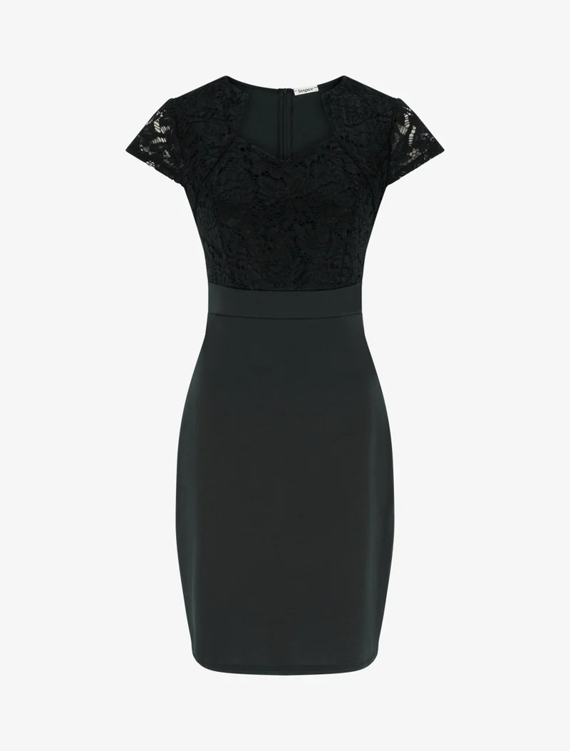 Robe moulante à buste en dentelle et manches courtes - Noir