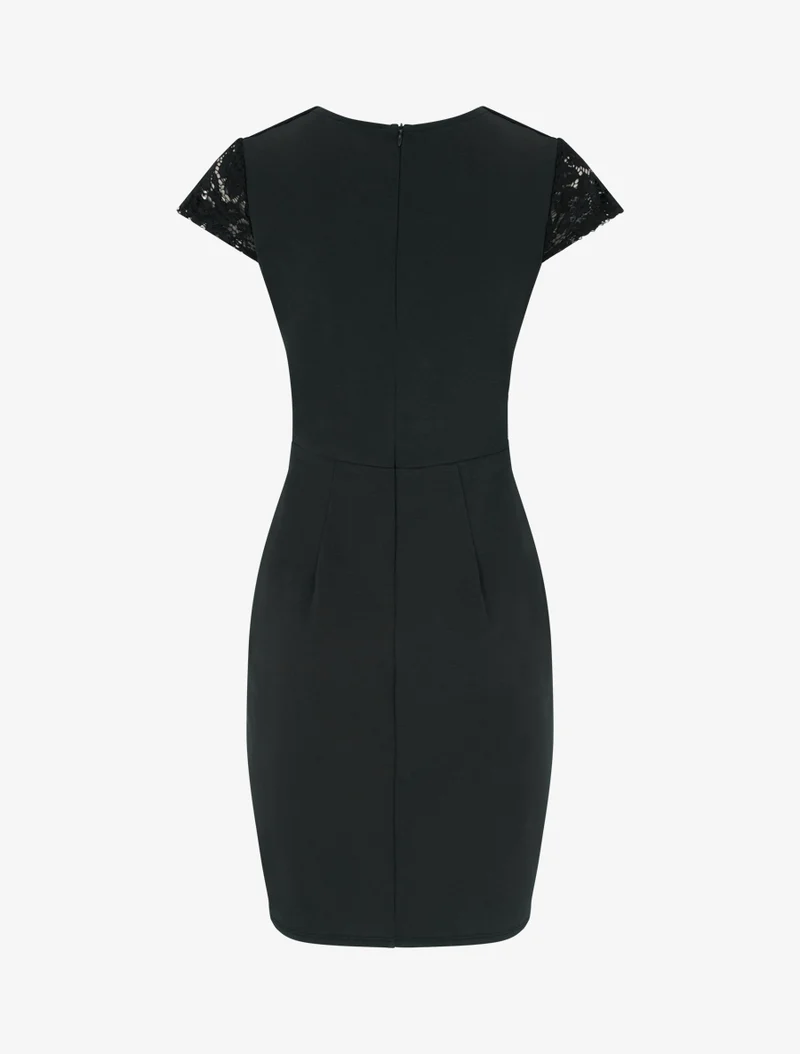 Robe moulante à buste en dentelle et manches courtes - Noir