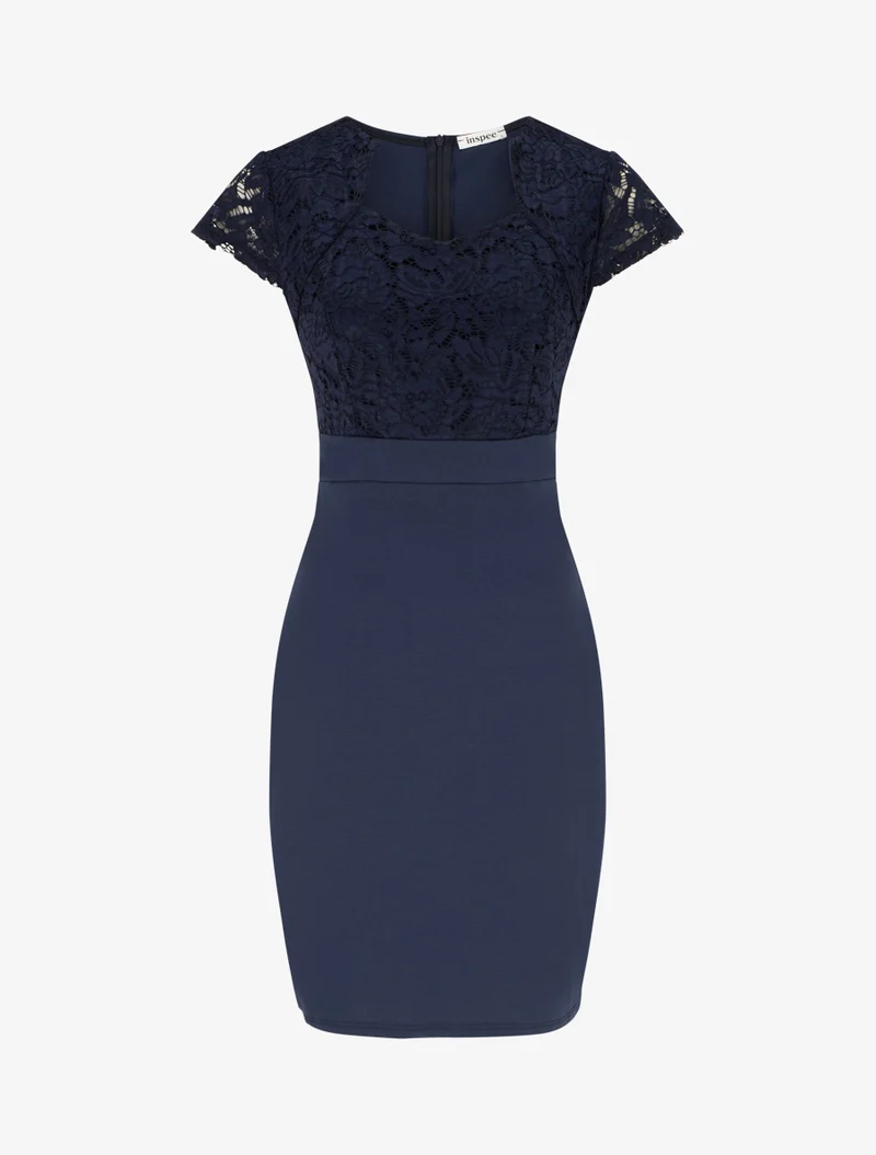 Robe moulante à buste en dentelle et manches courtes - Marine
