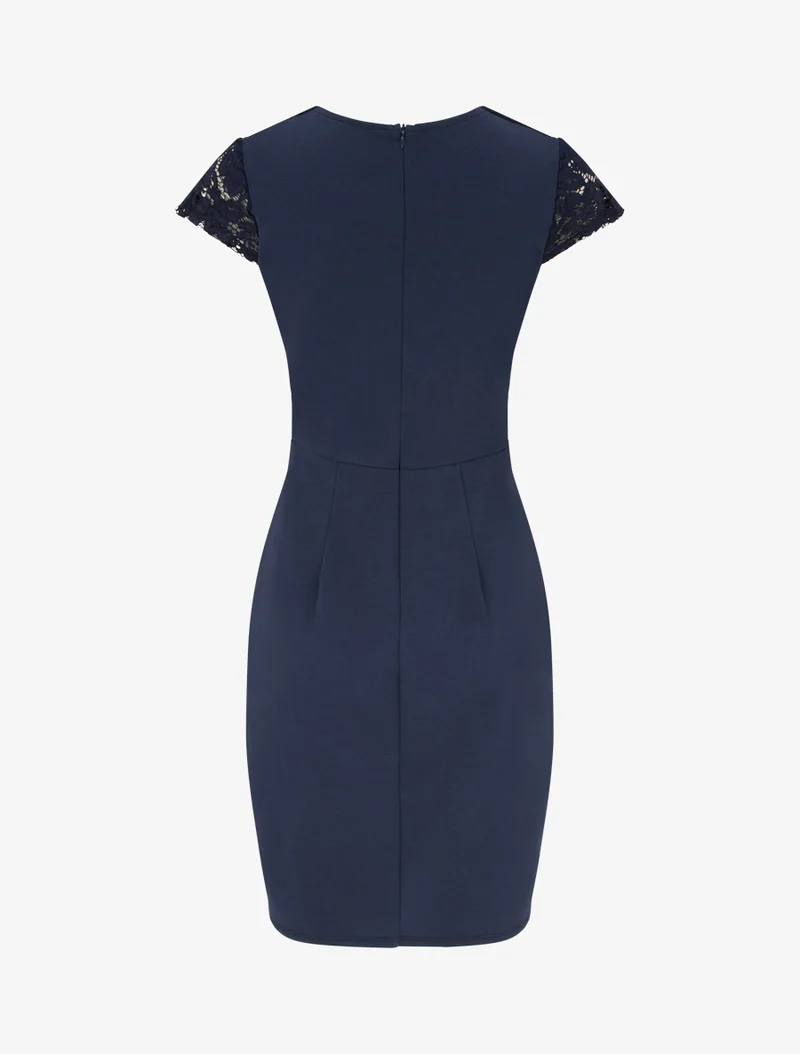Robe moulante à buste en dentelle et manches courtes - Marine