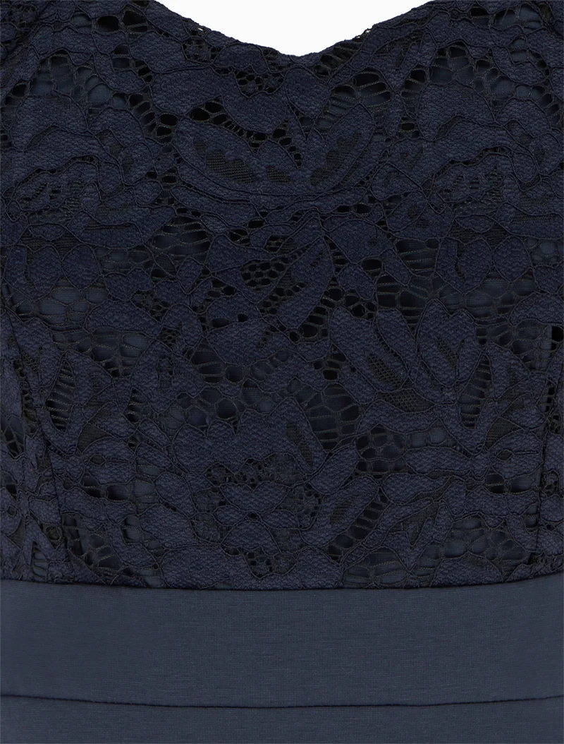 Robe moulante à buste en dentelle et manches courtes - Marine