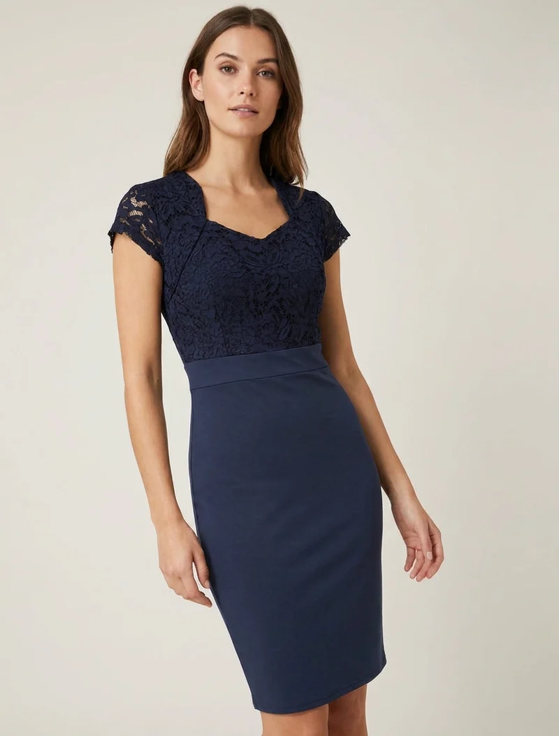 Robe moulante à buste en dentelle et manches courtes - Marine