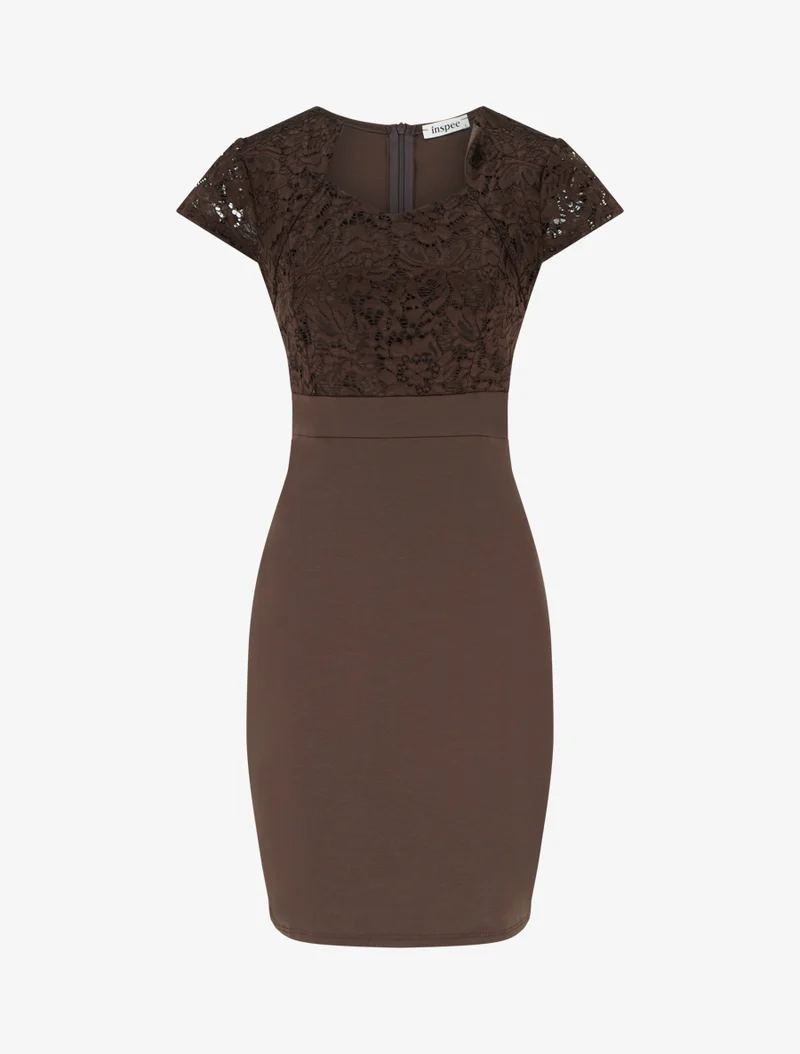 Robe moulante à buste en dentelle et manches courtes - Marron