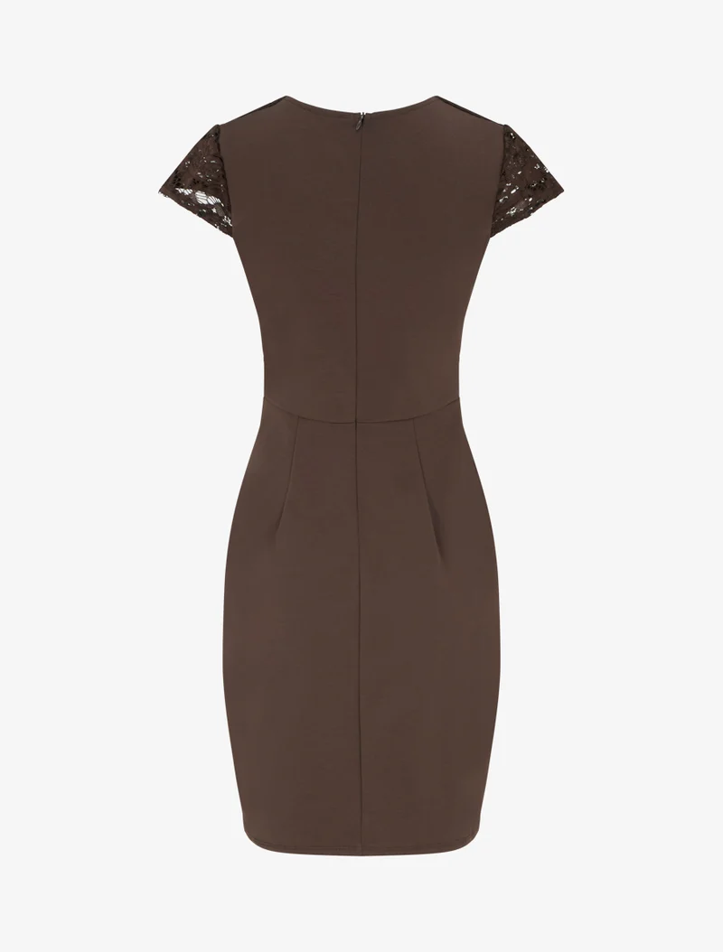 Robe moulante à buste en dentelle et manches courtes - Marron
