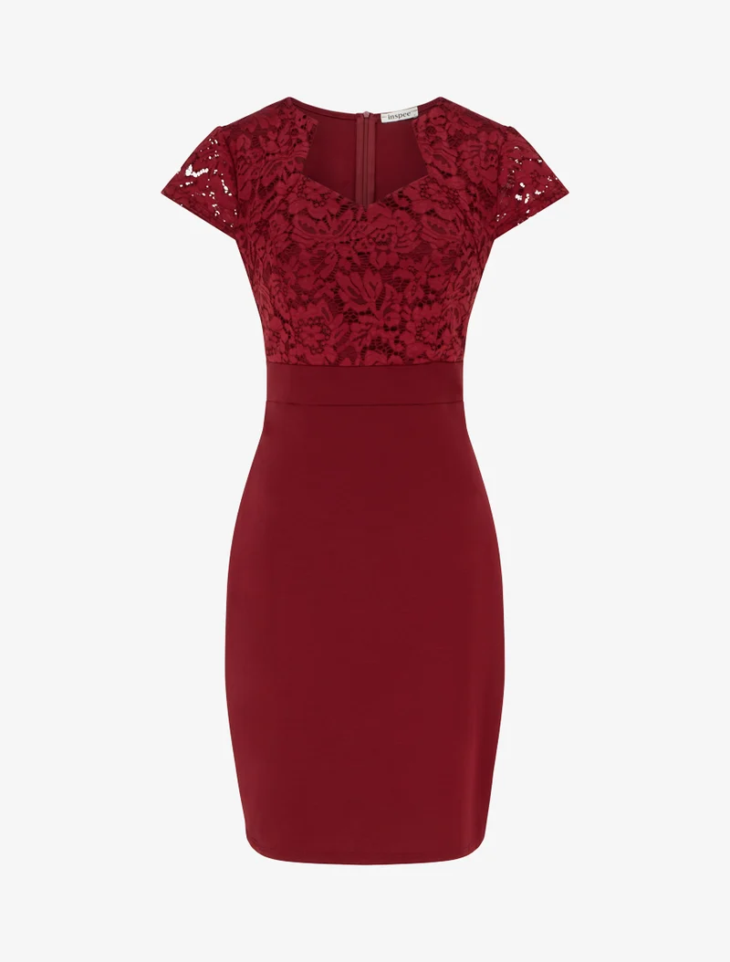 Robe moulante à buste en dentelle et manches courtes - Bordeaux