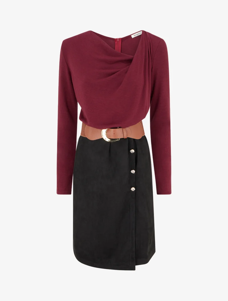 Robe bimatière droite style portefeuille - Lie de vin