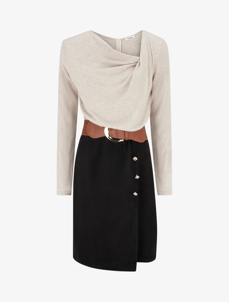 Robe bimatière droite style portefeuille - Beige