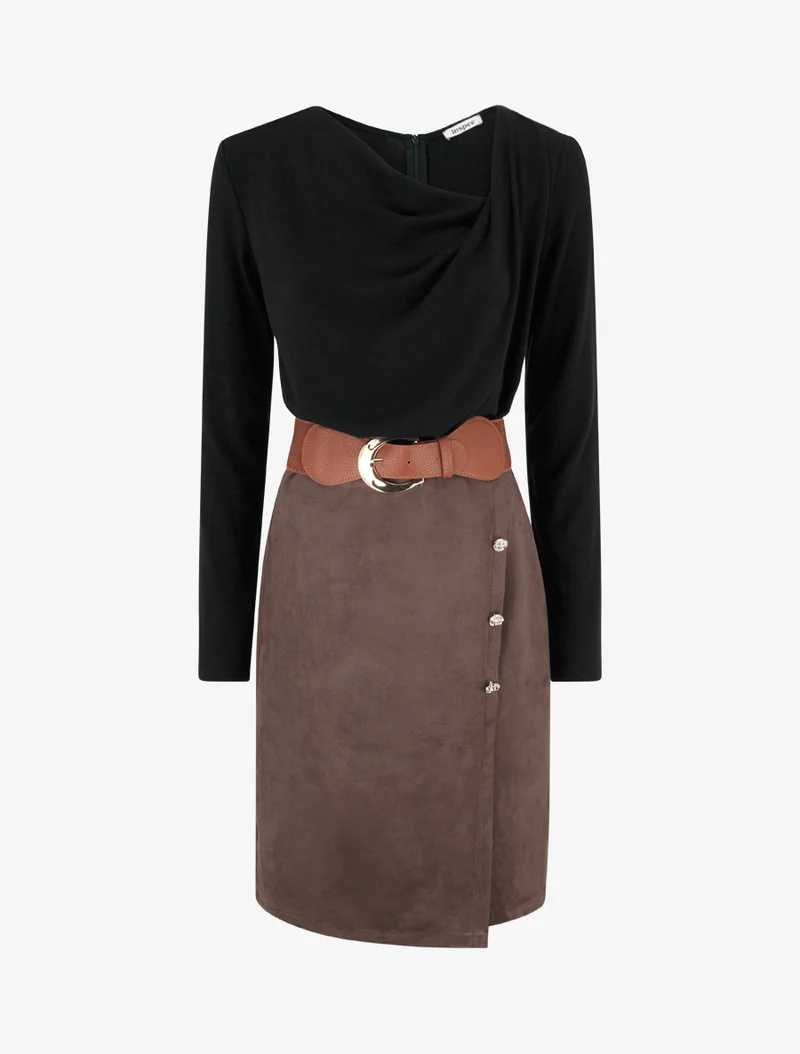 Robe bimatière droite style portefeuille - Noir